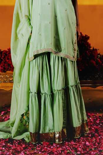 Shop_Alam By Tulsi Patel_Gold Silk Embroidery, Zari, Tassels V-neck Semal Kurta Sharara Set _Online_at_Aza_Fashions