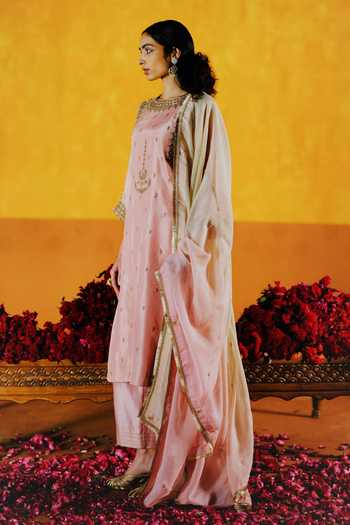 Buy_Alam By Tulsi Patel_Pink Silk Embroidery Round Neck Placed Handwoven Kurta And Pant Set _Online_at_Aza_Fashions