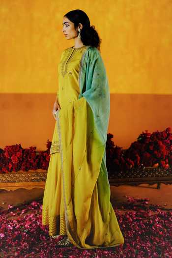Shop_Alam By Tulsi Patel_Yellow Silk Embroidery Round Neck, Yes Hingot Kurta Sharara Set _Online_at_Aza_Fashions