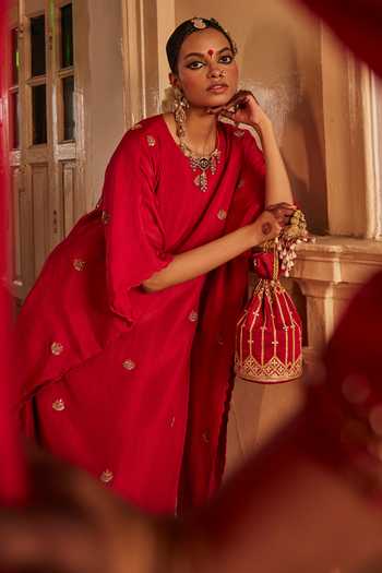 Buy_Alam By Tulsi Patel_Red Silk Zari, Gota Patti Aaheli Embroidered Kaftan And Pant Set _Online_at_Aza_Fashions