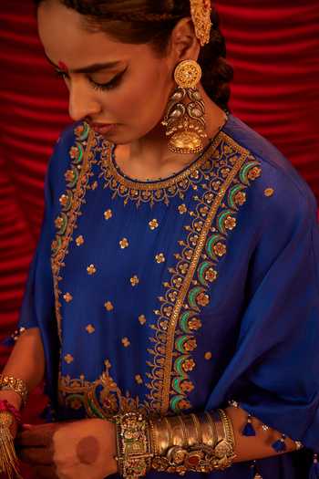 Alam By Tulsi Patel_Blue Silk Embroidery, Beads Round Neck Chandani Hand Kaftan And Pant Set _Online_at_Aza_Fashions