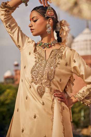 Alam By Tulsi Patel_Ivory Silk, Organza, Tissue Embroidery, Hand Kurta Sharara Set With Dupatta _Online_at_Aza_Fashions