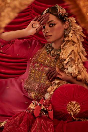 Buy_Alam By Tulsi Patel_Pink Silk Gota Patti, Zari, Tassels High Nitara Embroidered Kurta Sharara Set _Online_at_Aza_Fashions