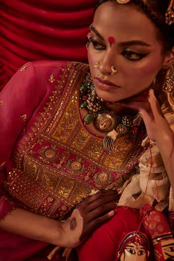 Shop_Alam By Tulsi Patel_Pink Silk Gota Patti, Zari, Tassels High Nitara Embroidered Kurta Sharara Set _Online_at_Aza_Fashions
