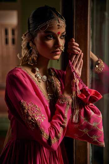 Shop_Alam By Tulsi Patel_Pink Silk, Organza Embroidery, Tassels V-neck Ojasvi Handwoven Anarkali Set _Online_at_Aza_Fashions