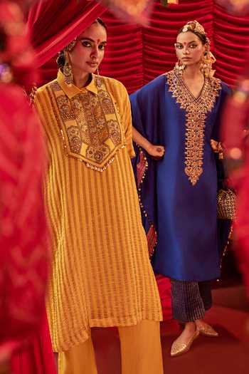 Shop_Alam By Tulsi Patel_Blue Silk, Tissue Embroidery, Zari V-neck Ura And Kaftan & Pant Set _Online_at_Aza_Fashions