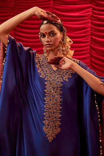 Alam By Tulsi Patel_Blue Silk, Tissue Embroidery, Zari V-neck Ura And Kaftan & Pant Set _at_Aza_Fashions