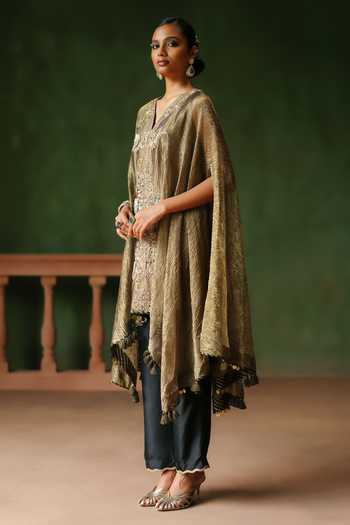 Alam By Tulsi Patel_Black Silk, Cotton, Tissue Embroidery V-neck Raina Cape And Pant Set _Online_at_Aza_Fashions