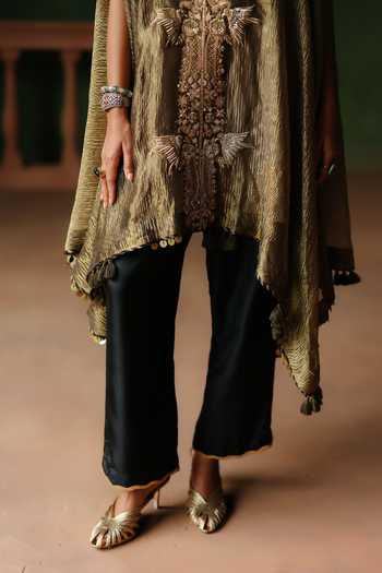 Buy_Alam By Tulsi Patel_Black Silk, Cotton, Tissue Embroidery V-neck Raina Cape And Pant Set _Online_at_Aza_Fashions