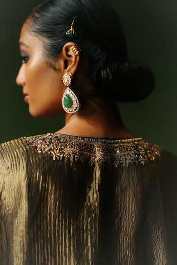 Alam By Tulsi Patel_Black Silk, Cotton, Tissue Embroidery V-neck Raina Cape And Pant Set _at_Aza_Fashions