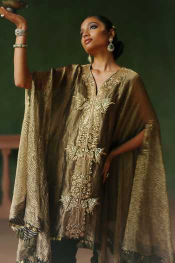 Buy_Alam By Tulsi Patel_Black Silk, Cotton, Tissue Embroidery V-neck Raina Cape And Pant Set 
