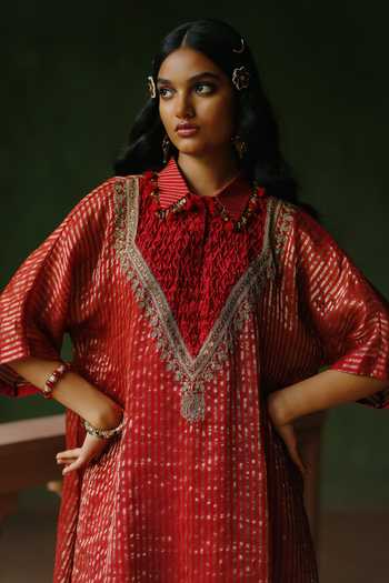 Buy_Alam By Tulsi Patel_Red Silk, Cotton, Tissue Embroidery, Tassels, Zenara Zari Striped Kurta Set 