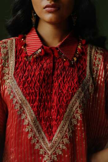 Shop_Alam By Tulsi Patel_Red Silk, Cotton, Tissue Embroidery, Tassels, Zenara Zari Striped Kurta Set 
