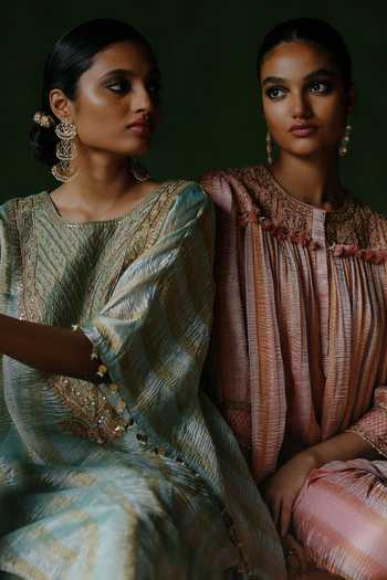 Buy_Alam By Tulsi Patel_Blue Silk, Cotton, Tissue Embroidery, Zari Round Neck Naqsh Kaftan And Pant Set _Online_at_Aza_Fashions