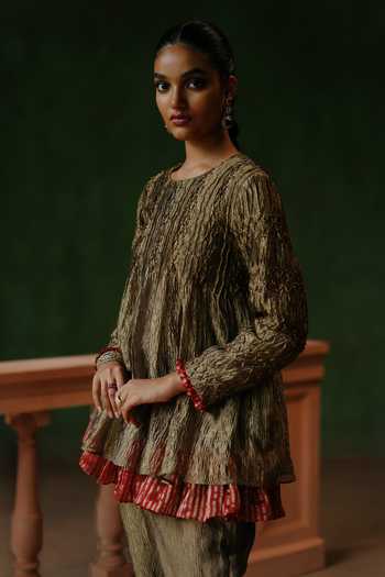 Buy_Alam By Tulsi Patel_Gold Tissue Embroidery, Smocking Round Neck Saqi Smocked Top And Pant Set _Online_at_Aza_Fashions