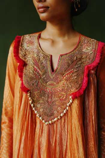 Shop_Alam By Tulsi Patel_Orange Tissue Embroidery, Zardozi Split V-neck Jahan Flared Top And Lehenga Set _Online_at_Aza_Fashions
