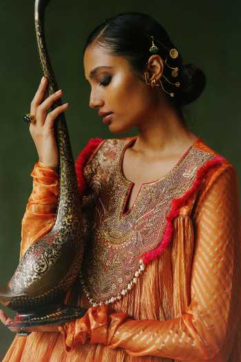 Alam By Tulsi Patel_Orange Tissue Embroidery, Zardozi Split V-neck Jahan Flared Top And Lehenga Set _at_Aza_Fashions
