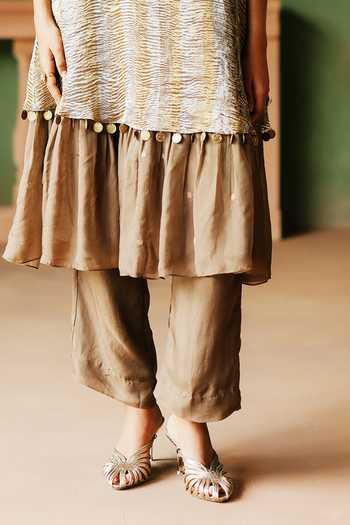 Buy_Alam By Tulsi Patel_Gold Organza, Tissue Cowl Neck, Yes Raha Kurta And Pant Set _Online_at_Aza_Fashions