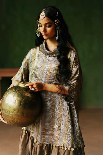 Shop_Alam By Tulsi Patel_Gold Organza, Tissue Cowl Neck, Yes Raha Kurta And Pant Set _Online_at_Aza_Fashions