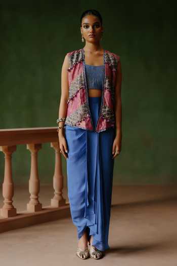 Alam By Tulsi Patel_Blue Organza, Tissue Embroidery, Tassels Open Leena Jacket And Draped Skirt Set _Online_at_Aza_Fashions