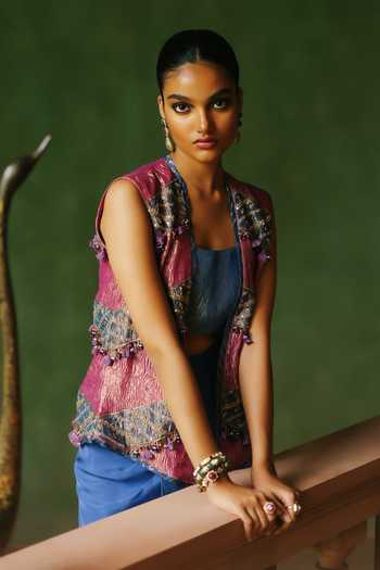 Alam By Tulsi Patel_Blue Organza, Tissue Embroidery, Tassels Open Leena Jacket And Draped Skirt Set _at_Aza_Fashions