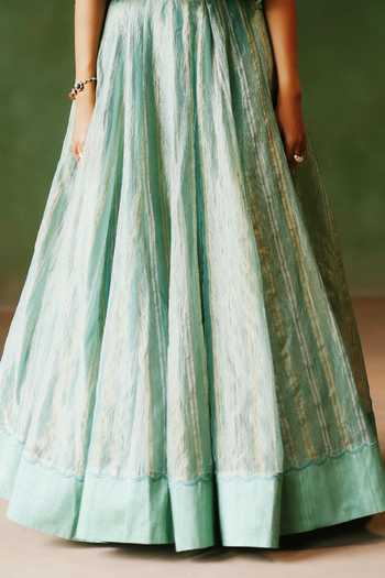 Alam By Tulsi Patel_Blue Tissue Resham Embroidery High Neck Raqs Striped Crushed Top And Lehenga Set _Online_at_Aza_Fashions