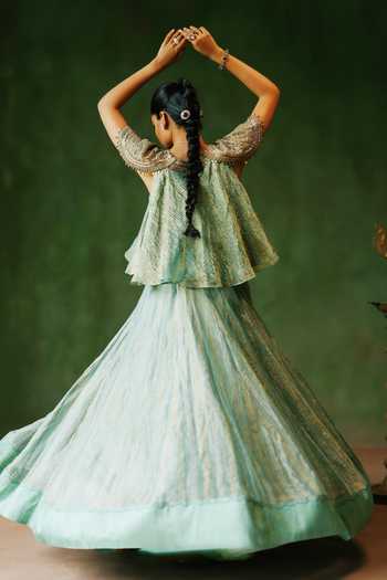 Alam By Tulsi Patel_Blue Tissue Resham Embroidery High Neck Raqs Striped Crushed Top And Lehenga Set _at_Aza_Fashions
