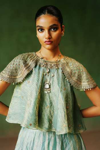 Buy_Alam By Tulsi Patel_Blue Tissue Resham Embroidery High Neck Raqs Striped Crushed Top And Lehenga Set 