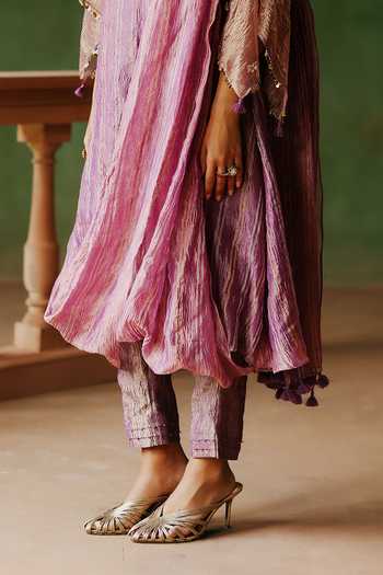 Shop_Alam By Tulsi Patel_Purple Tissue Embroidery, Zari Round Neck, Yes Dilara Draped Kurta And Pant Set _Online_at_Aza_Fashions