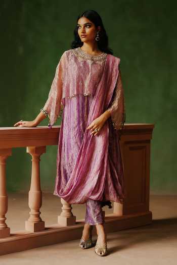 Alam By Tulsi Patel_Purple Tissue Embroidery, Zari Round Neck, Yes Dilara Draped Kurta And Pant Set _at_Aza_Fashions