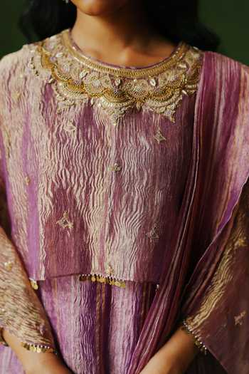 Buy_Alam By Tulsi Patel_Purple Tissue Embroidery, Zari Round Neck, Yes Dilara Draped Kurta And Pant Set 