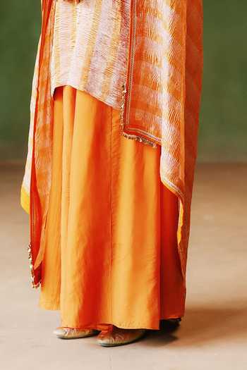 Alam By Tulsi Patel_Orange Organza, Tissue Embroidery Round Hina Striped Crushed Kurta Sharara Set _Online_at_Aza_Fashions