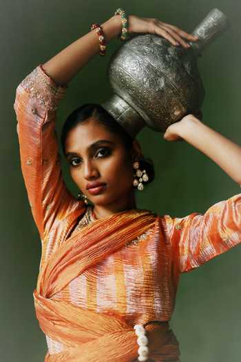 Shop_Alam By Tulsi Patel_Orange Organza, Tissue Embroidery Round Hina Striped Crushed Kurta Sharara Set _Online_at_Aza_Fashions