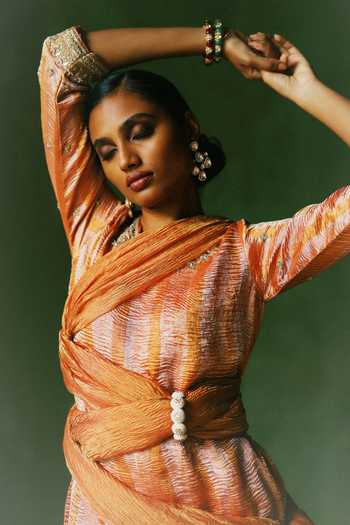 Alam By Tulsi Patel_Orange Organza, Tissue Embroidery Round Hina Striped Crushed Kurta Sharara Set _at_Aza_Fashions