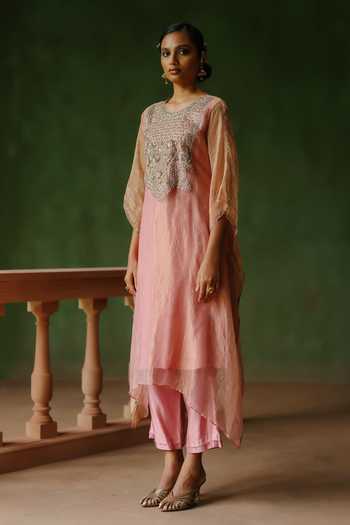 Alam By Tulsi Patel_Pink Silk, Cotton, Tissue Embroidery, Zari Round Neck Falak Kaftan And Pant Set _Online_at_Aza_Fashions