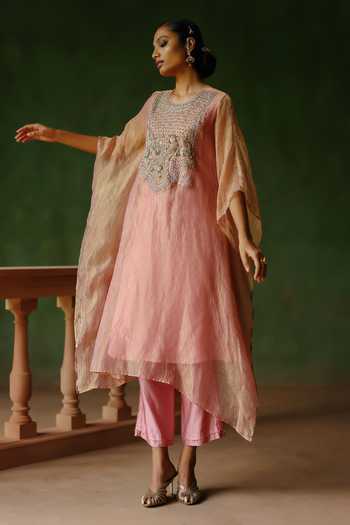 Buy_Alam By Tulsi Patel_Pink Silk, Cotton, Tissue Embroidery, Zari Round Neck Falak Kaftan And Pant Set _Online_at_Aza_Fashions