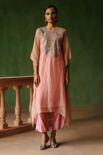Alam By Tulsi Patel_Pink Silk, Cotton, Tissue Embroidery, Zari Round Neck Falak Kaftan And Pant Set _at_Aza_Fashions