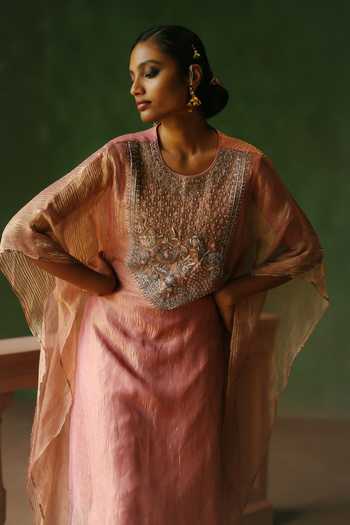 Buy_Alam By Tulsi Patel_Pink Silk, Cotton, Tissue Embroidery, Zari Round Neck Falak Kaftan And Pant Set 
