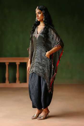 Alam By Tulsi Patel_Black Silk, Cotton, Tissue Embroidery V-neck Amber Striped Kaftan And Dhoti Set _Online_at_Aza_Fashions