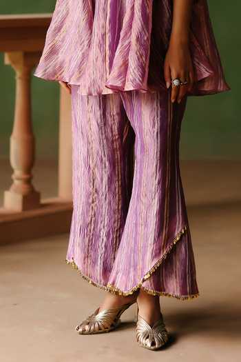 Buy_Alam By Tulsi Patel_Purple Tissue Embroidery Round Neck Nargis Striped Top And Pant Set _Online_at_Aza_Fashions