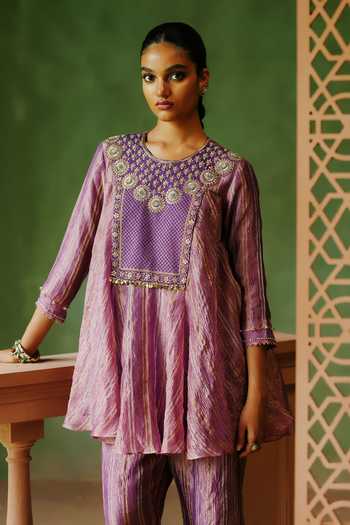 Alam By Tulsi Patel_Purple Tissue Embroidery Round Neck Nargis Striped Top And Pant Set _at_Aza_Fashions