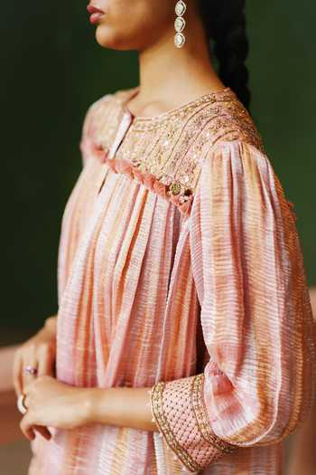 Shop_Alam By Tulsi Patel_Pink Tissue Embroidery Round Neck Serai Striped Top And Pant Set _Online_at_Aza_Fashions
