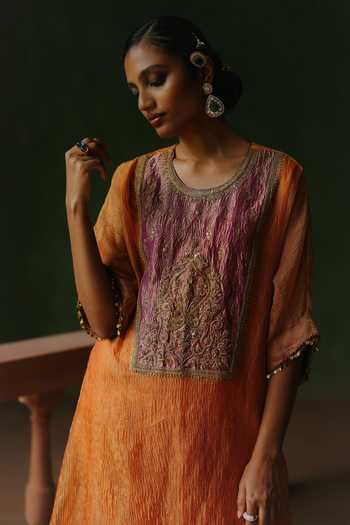 Alam By Tulsi Patel_Orange Tissue Embroidery, Zari, Beads Gulnar Contrast Yoke Kurta And Pant Set _at_Aza_Fashions