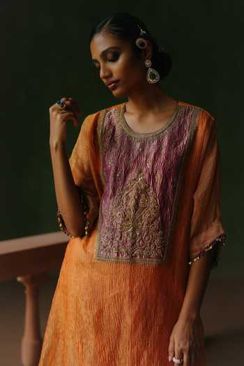 Buy_Alam By Tulsi Patel_Orange Tissue Embroidery, Zari, Beads Gulnar Contrast Yoke Kurta And Pant Set 