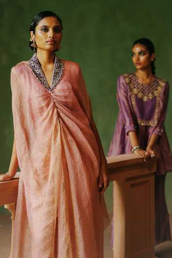 Alam By Tulsi Patel_Pink Tissue Mandarin Collar Hiraman Embroidered Cape And Pant Set _Online_at_Aza_Fashions