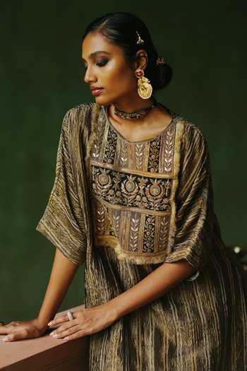Alam By Tulsi Patel_Gold Silk, Cotton, Tissue Embroidery Round Neck Heer Kurta And Pant Set _Online_at_Aza_Fashions