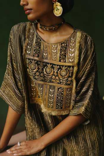 Shop_Alam By Tulsi Patel_Gold Silk, Cotton, Tissue Embroidery Round Neck Heer Kurta And Pant Set _Online_at_Aza_Fashions