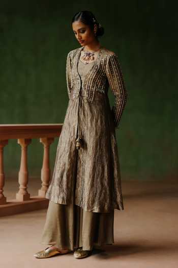 Alam By Tulsi Patel_Gold Tissue, Organza Gota Patti, Zardozi, Usha Embroidered Jacket And Sharara Set _Online_at_Aza_Fashions
