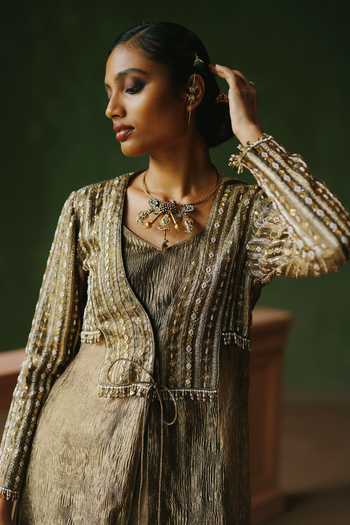 Alam By Tulsi Patel_Gold Tissue, Organza Gota Patti, Zardozi, Usha Embroidered Jacket And Sharara Set _at_Aza_Fashions
