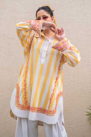 Shop_Daljit Sudan_Yellow Cotton Embroidery Collared Stripe Pattern Kurta Set _Online_at_Aza_Fashions